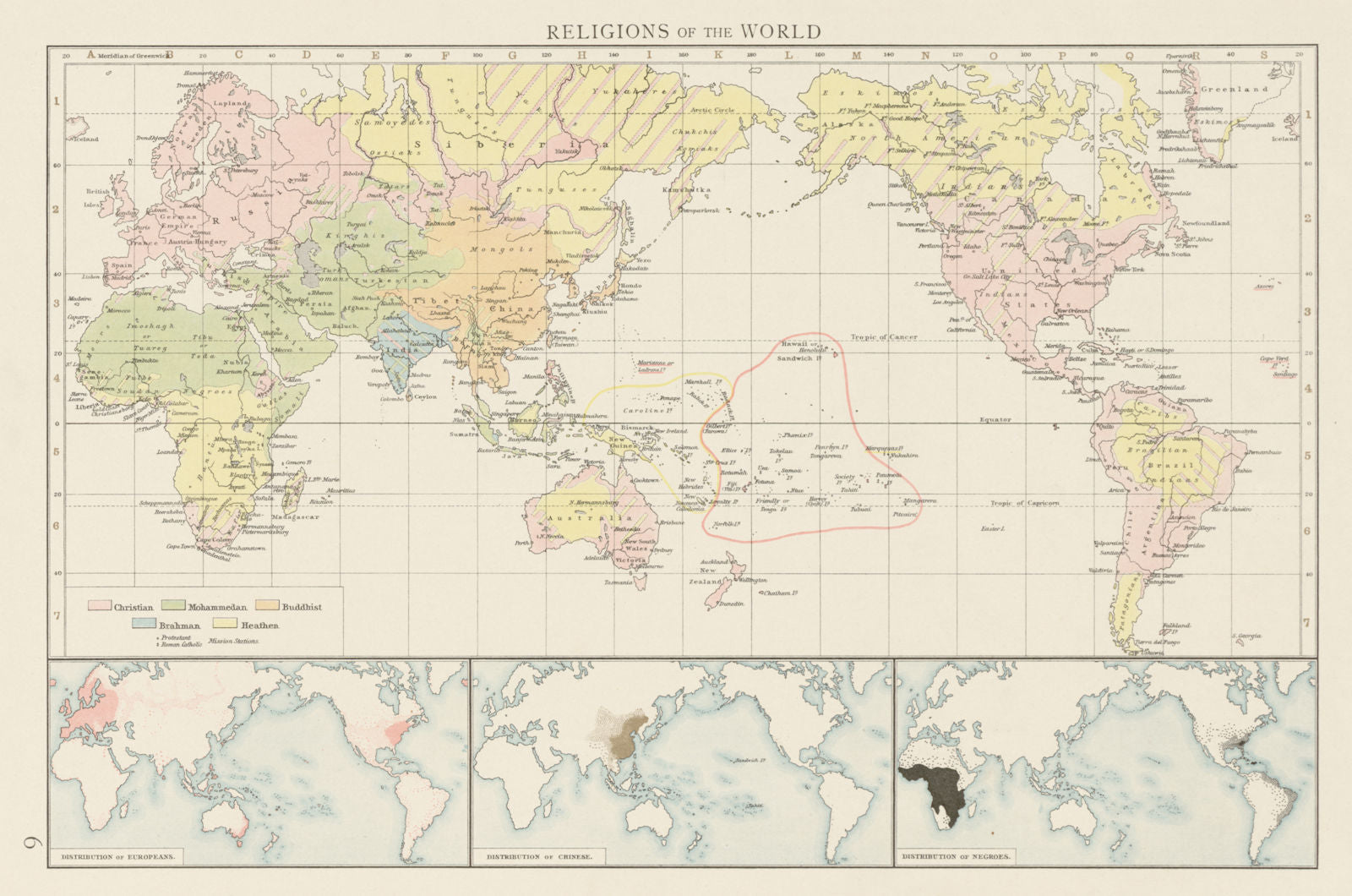 Religions of the world. Christian Islam Buddhist Heathen Hindu. TIMES 1900 map
